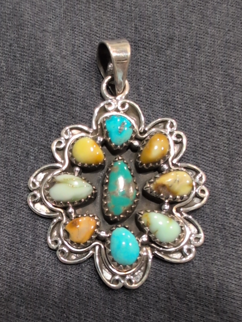 Sterling Silver Turquoise Multi-Stone Floral Pendant - Turquoise & Yellow
